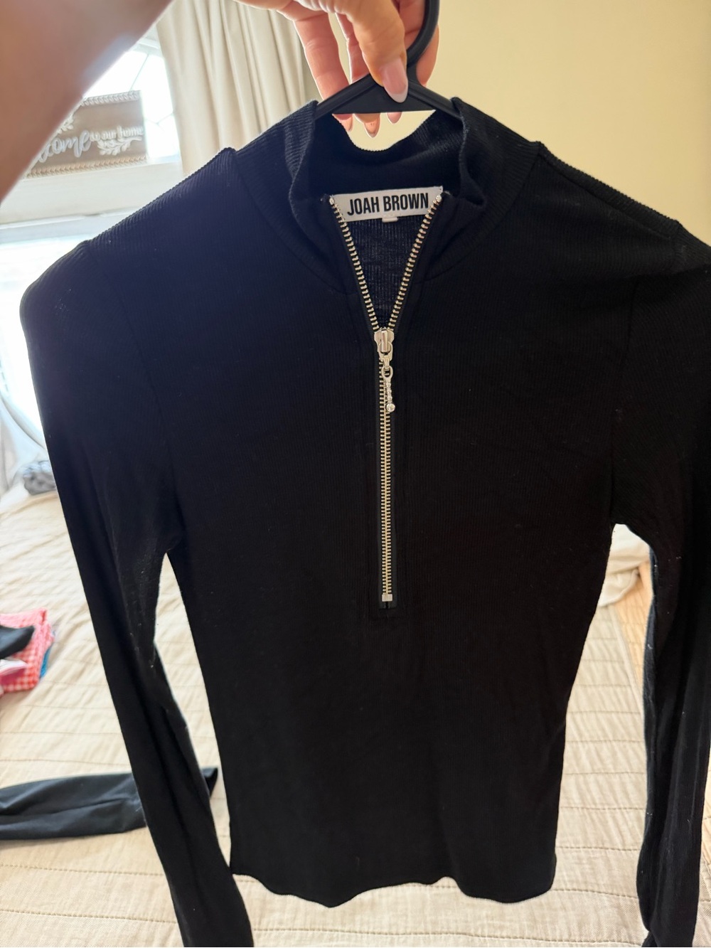 Joah Brown Black Ribbed Zip-Up Top with Silver Hardware